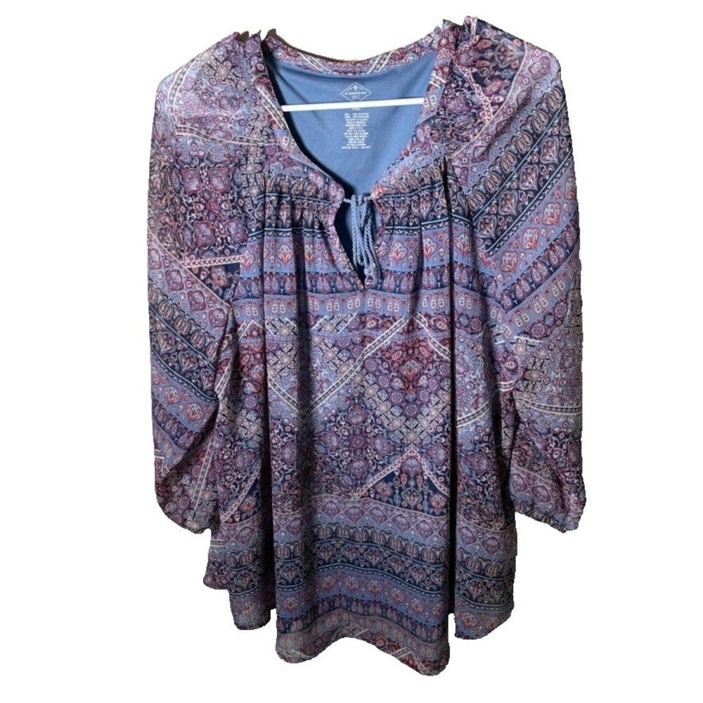 St John's Bay Blouse Women's XXL Sheer Keyhole Tie 3/4 Sleeve Artsy Purple Top